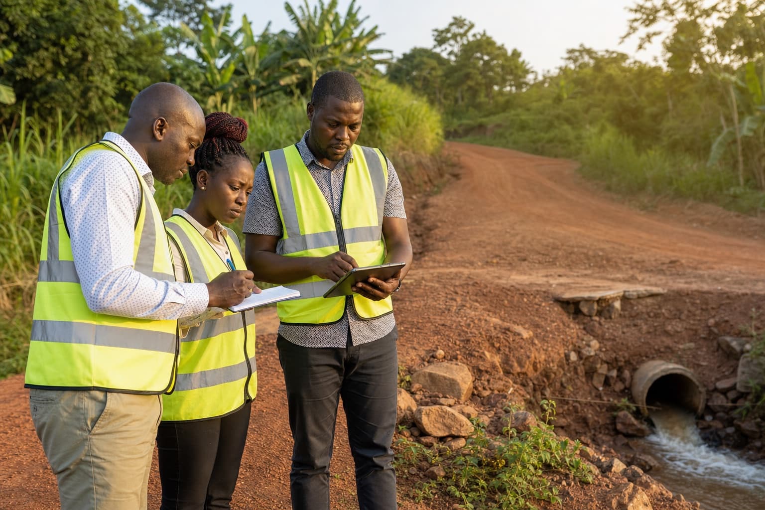 Ugandan public works officers inspecting a road drainage service gap