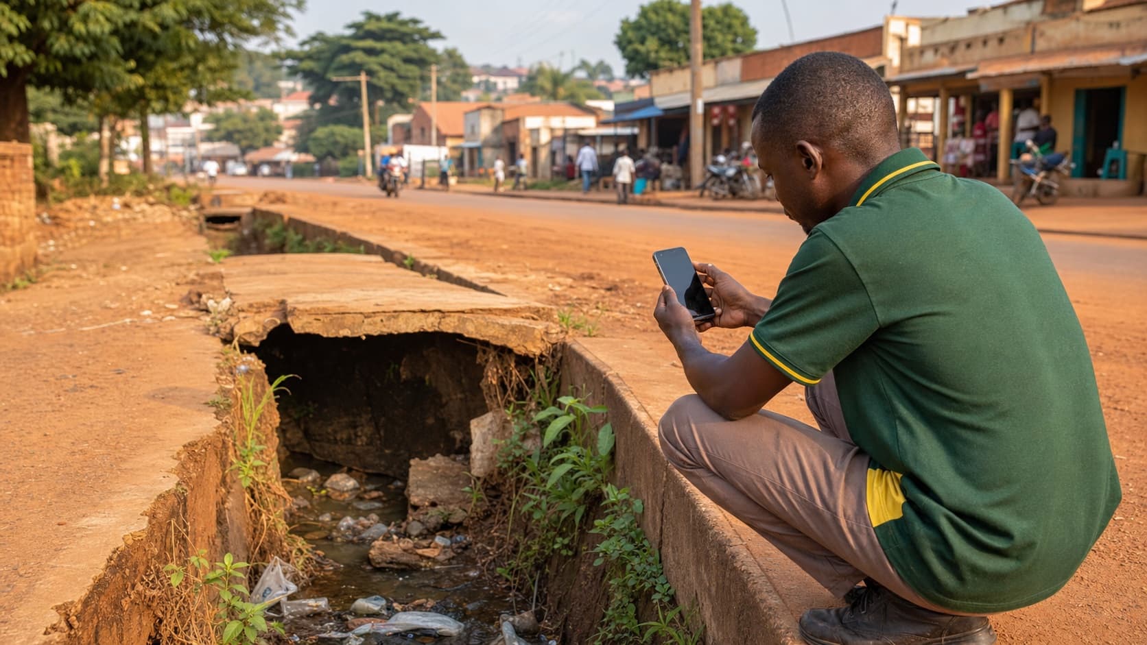 A Ugandan citizen photographing a dangerous broken roadside drain as evidence for a CivicVoice report